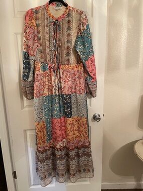 DAVI & DANI Multicolor Patchwork Maxi Dress with Tie Front